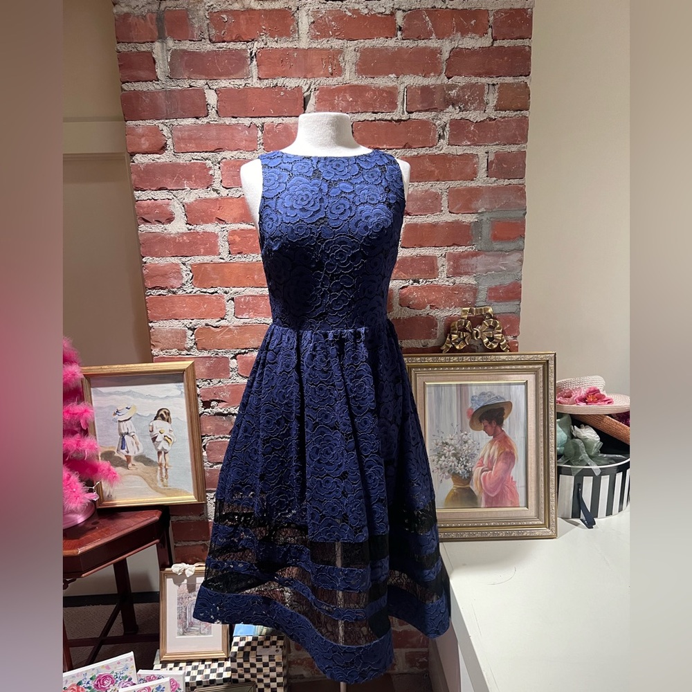Alice + Olivia Blue A-Line Midi Lace Dress with Sheer Cut Outs on Skirt